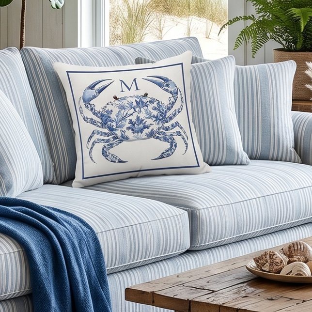 Blue Crab Coastal Nautical Monogram Cushion (Creator Uploaded)