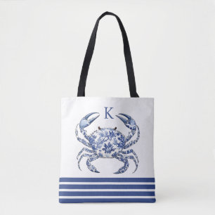 Blue Crab Coastal Nautical Monogram Tote Bag