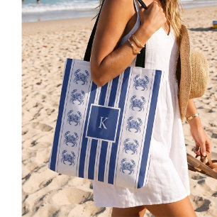 Blue Crab Coastal Nautical Monogram Tote Bag
