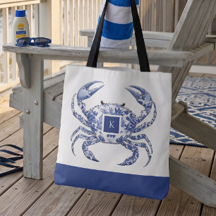 Blue Crab Coastal Nautical Monogram Tote Bag