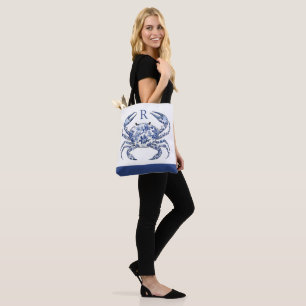 Blue Crab Coastal Nautical Monogram Tote Bag