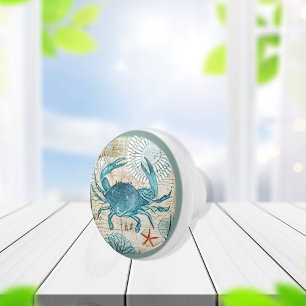 Blue Crab Collage of Nautical Ephemera Watercolor Ceramic Knob