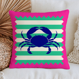 Blue Crab Design on Green Stripes Fuchsia Pink  Cushion