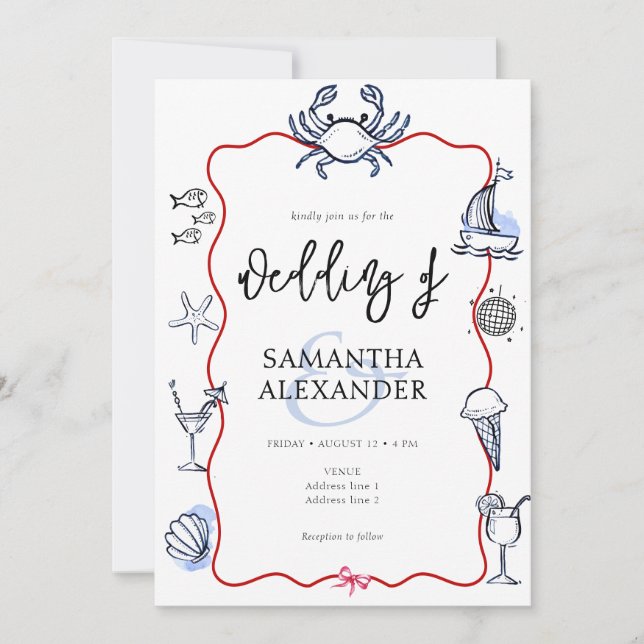 Blue Crab Doodle Beach QR Code RSVP Casual Wedding Invitation (Front)