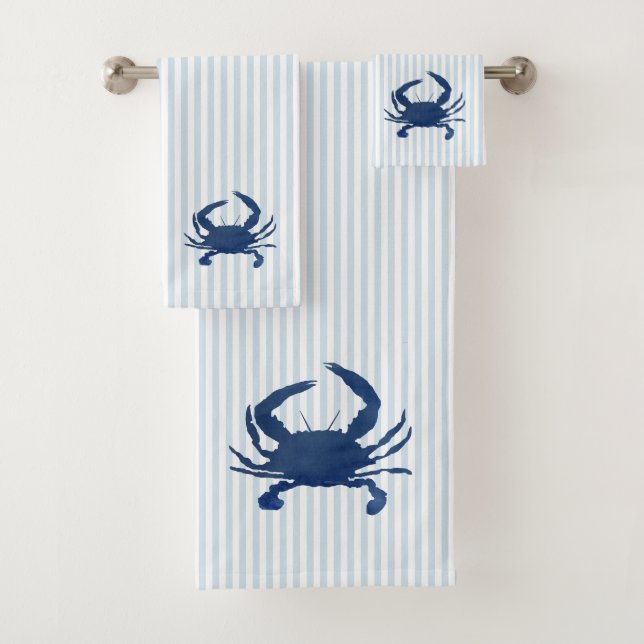 Blue Crab Nautical Blue Stripe Painting Bath Towel Set (Insitu)