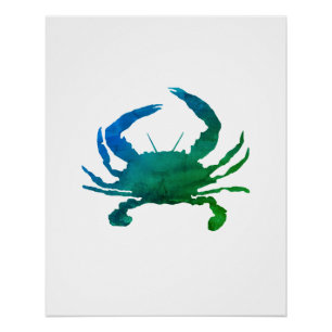 Blue Crab Nautical Watercolor Art Poster