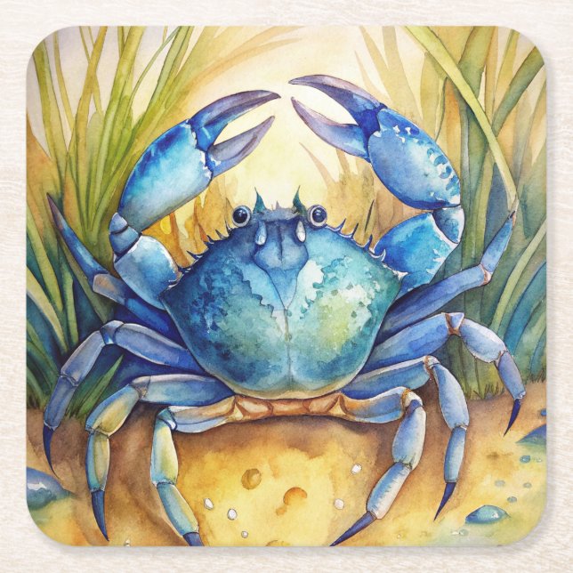 Blue Crab on a Beach Square Paper Coaster (Front)