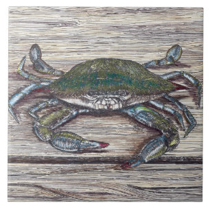 Blue Crab on Dock Ceramic Photo Tile