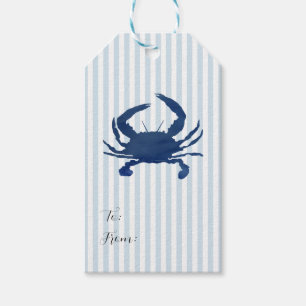 Blue Crab Painting Nautical Blue Stripe Coastal Gift Tags