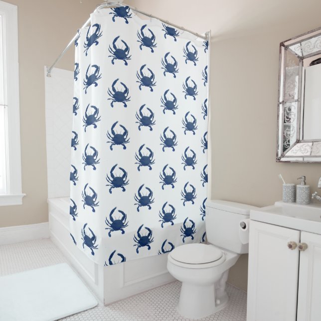 Blue Crab Pattern Coastal Shower Curtain (In Situ)