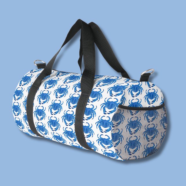 Blue Crab Pattern Duffle Bag (Blue crab patterned duffel bag on white background)