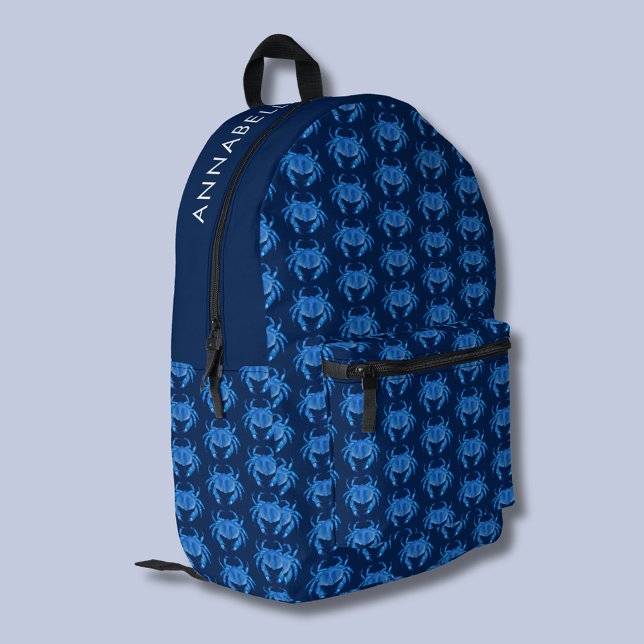 Blue Crab Pattern Name Printed Backpack (Blue crab crustacean pattern back back.  Personalize with your own name or choice of text.)
