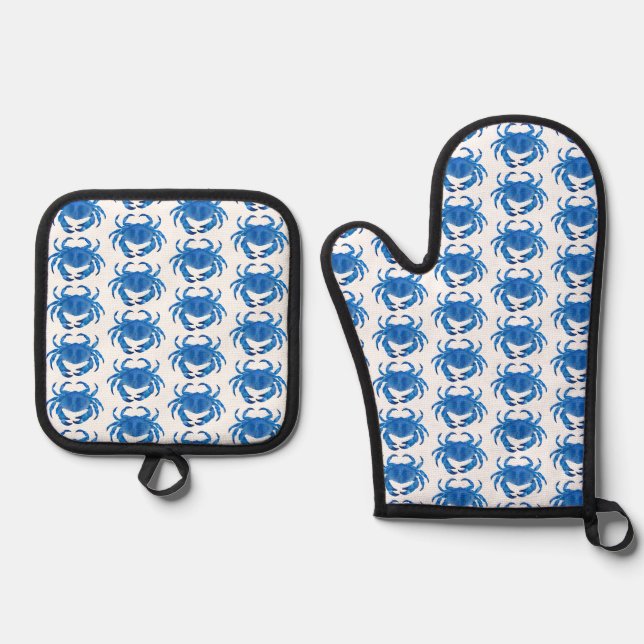 Blue Crab Pattern Oven Mitt & Pot Holder Set (Front)