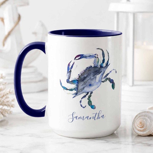 Blue Crab Personalised Beach Theme Coffee Mug (Custom mugs designed with hand painted watercolor crab perfect for beach house decor)