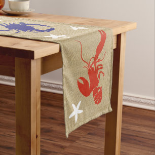 Blue Crab & Red Lobster Nautical Beachy "Burlap" Short Table Runner