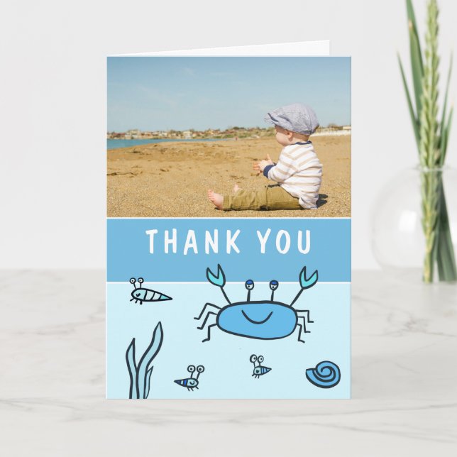 Blue Crab Sea Animals Boy Photo Birthday Thank You Card (Front)