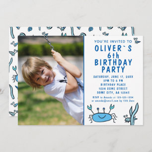 Blue Crab Sea Animals Shell Boy Photo Birthday In Invitation