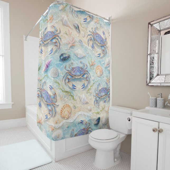 Blue Crab & Seashell Shower Curtain (In Situ)
