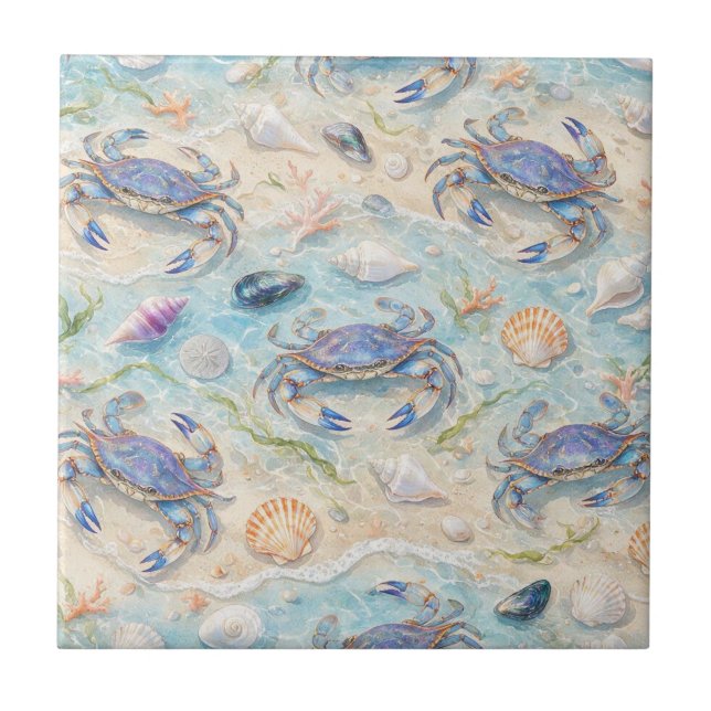 Blue Crab & Seashell Tile (Front)