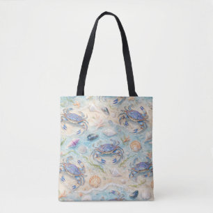 Blue Crab & Seashells Beach Tote Bag