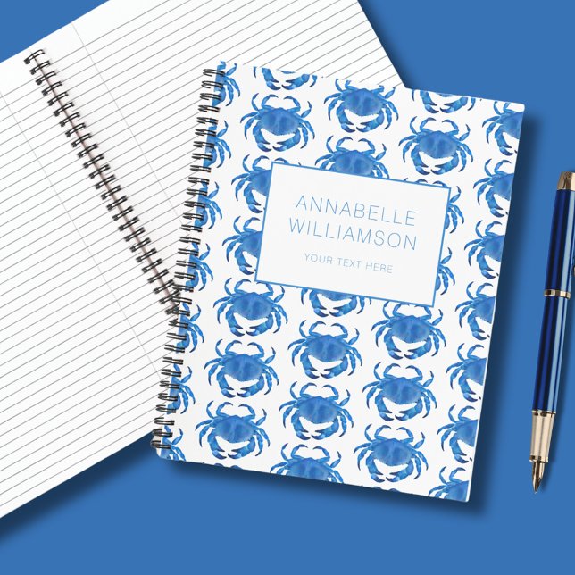 Blue Crab Seaside Ocean pattern Notebook (Blue crab notebook; personalize with your own name/choice of text.  Other colors and matching items)
