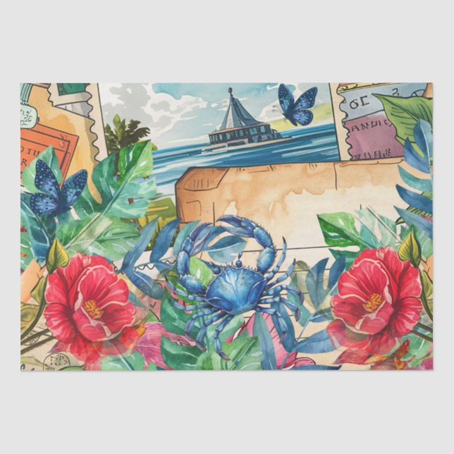 Blue Crab Tropical Florals & Butterflies Tissue Paper (Front)