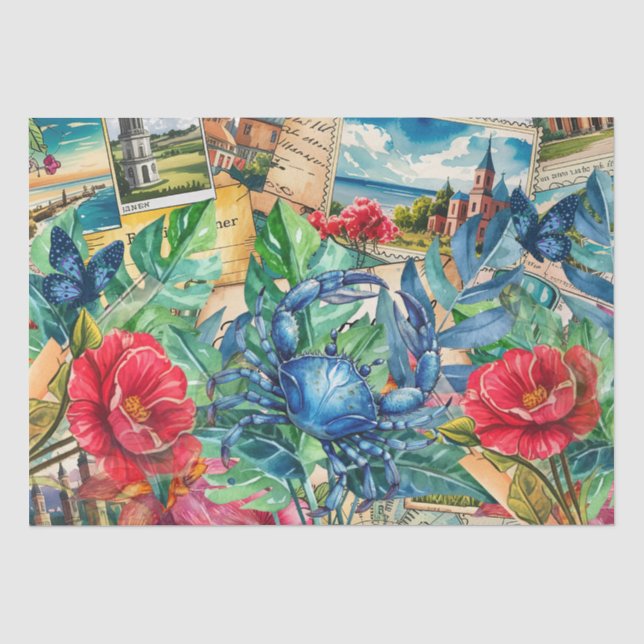 Blue Crab Tropical Florals & Butterflies Tissue Paper (Front)