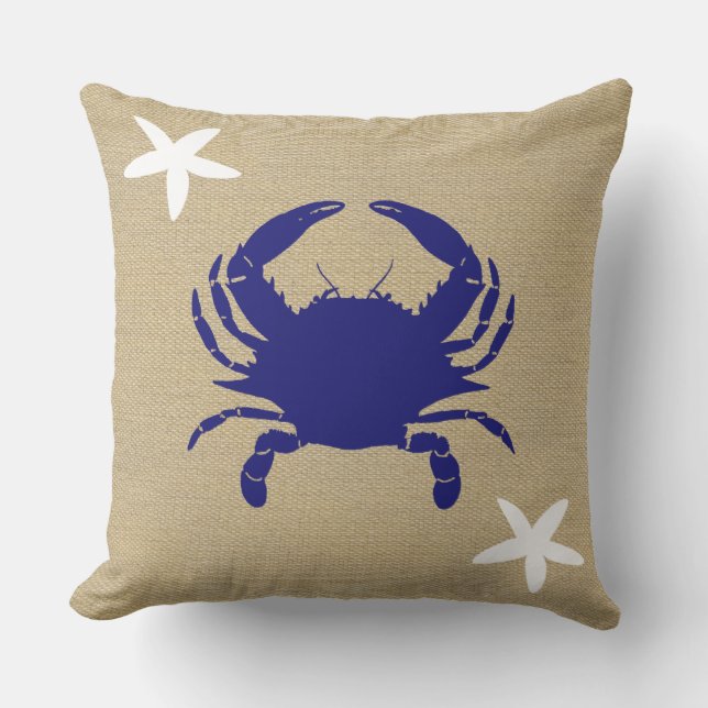 Blue Crab & White Starfish Beach Faux Burlap Cushion (Front)