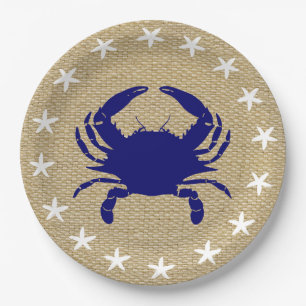 Blue Crab & White Starfish Nautical Beach "Burlap" Paper Plate