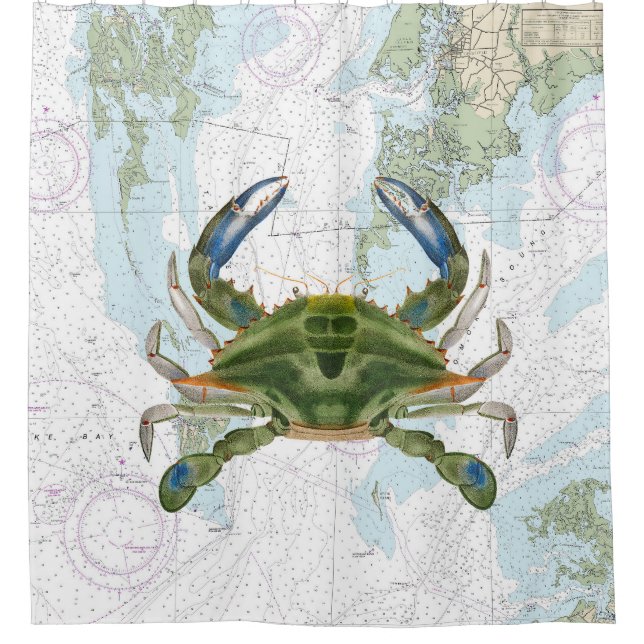 Blue Crab with Chesapeake Bay Nautical Chart Shower Curtain (Front)