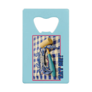 Blue Crab with mallet on gingham table cloth sayin