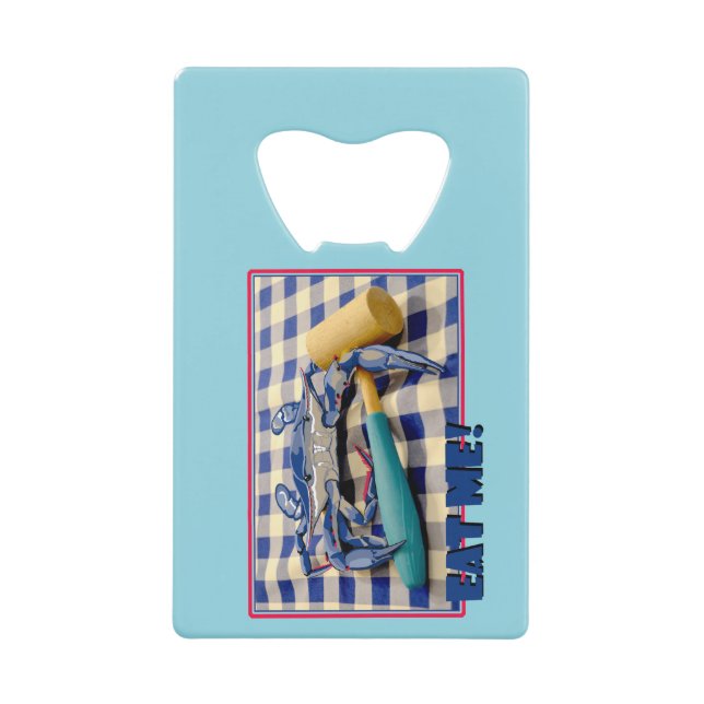 Blue Crab with mallet on gingham table cloth sayin (Front)