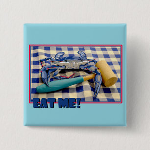 Blue Crab with mallet on gingham table cloth sayin 15 Cm Square Badge