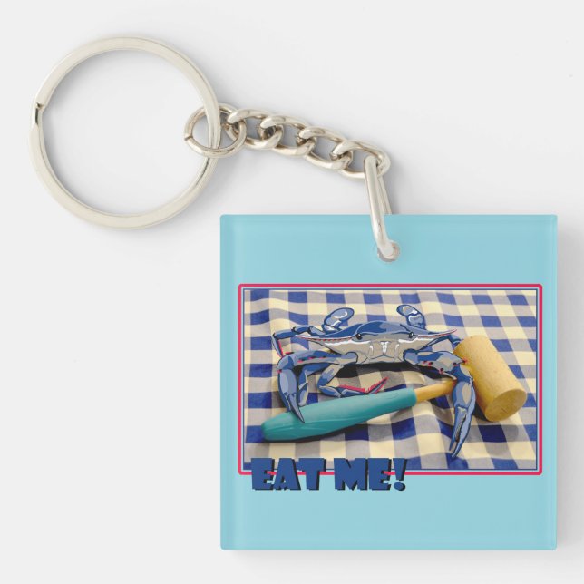 Blue Crab with mallet on gingham table cloth sayin Key Ring (Front)