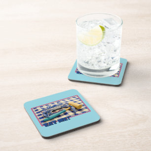 Blue Crab with mallet on gingham tablecloth Eat Me Coaster