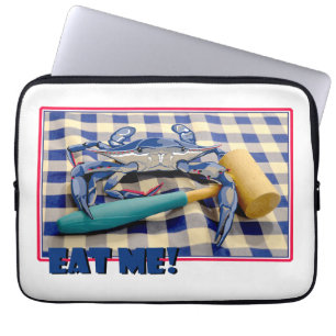 Blue Crab with mallet on gingham tablecloth Eat Me Laptop Sleeve