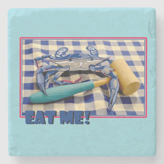 Blue Crab with mallet on gingham tablecloth Eat Me Stone Coaster (Front)