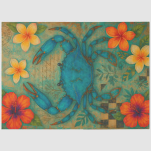 Blue Crab with Tropical Flowers Decoupage  Tissue Paper
