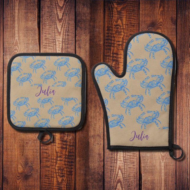 blue  crabs- add name  oven mitt & pot hol oven mitt & pot holder set (Creator Uploaded)