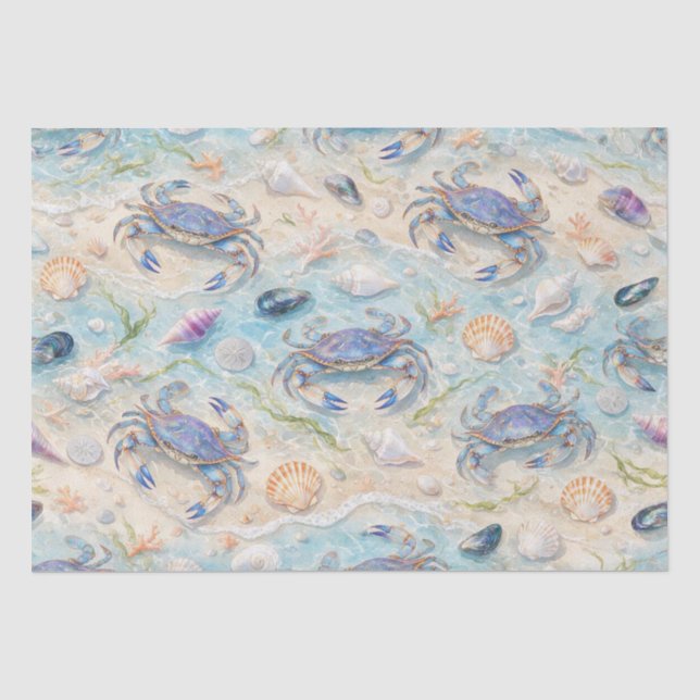 Blue Crabs & Seashells Coastal Tissue Paper (Front)