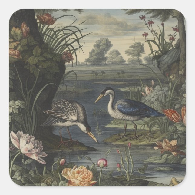 Blue Crane Antique Botanical Wedding Favour Square Sticker (Front)