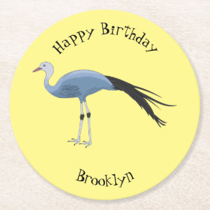 Blue crane bird cartoon illustration round paper coaster