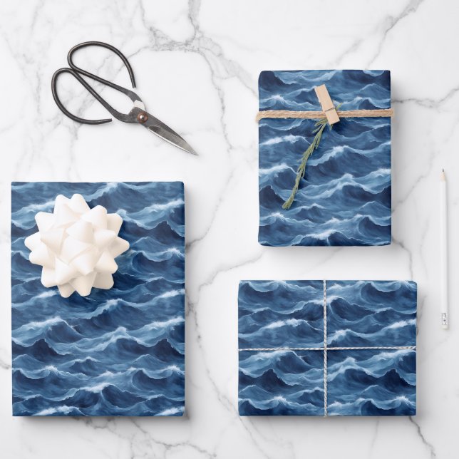 Blue Crashing Waves Wrapping Paper Sheet (Front)