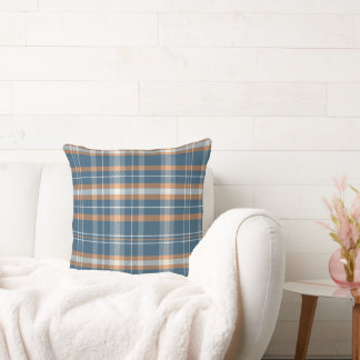 Blue, cream and orange plaid design cushion