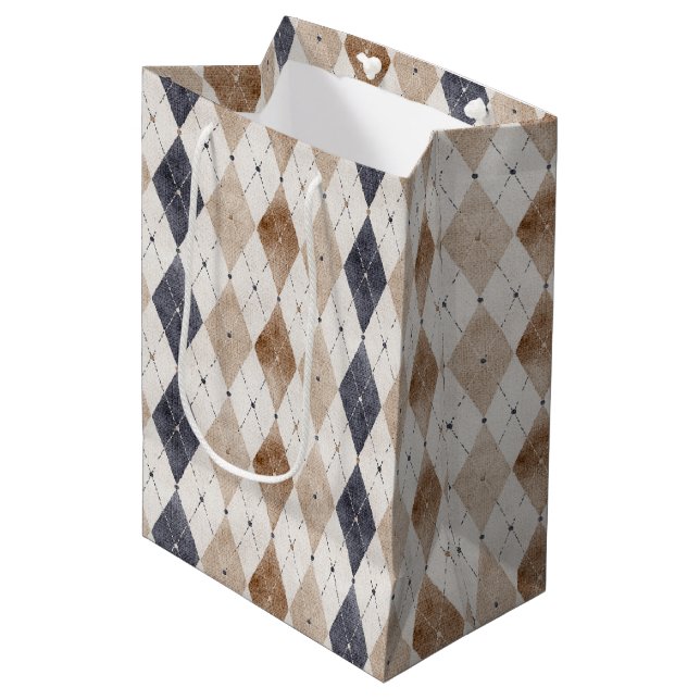 Blue Cream Argyle Father's Day Medium Gift Bag (Front Angled)