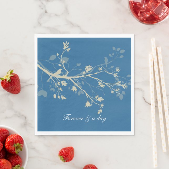 Blue Cream Bird Branches Floral Wedding Napkin (Insitu)