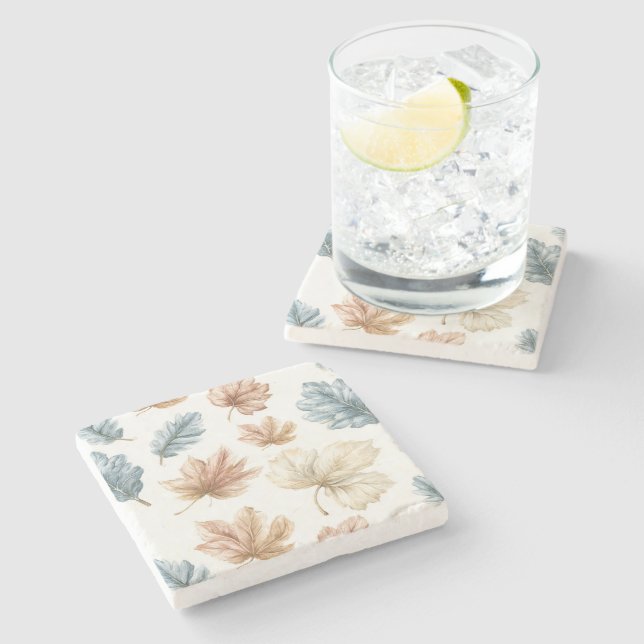 Blue Cream Brown Leaves Stone Coaster (Side)