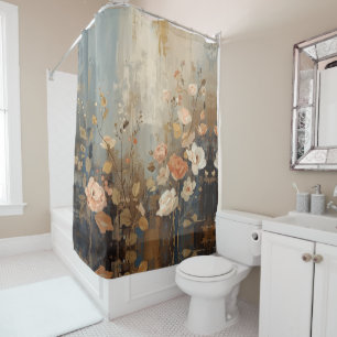 Blue Cream Brown Peach Farmhouse Stripe floral Shower Curtain