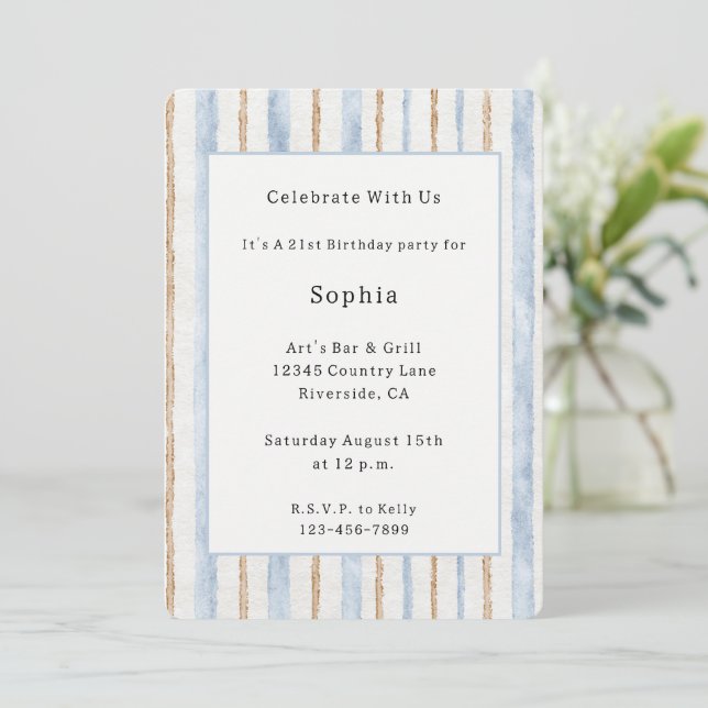 Blue Cream Brown Stripes Birthday Invitation (Standing Front)
