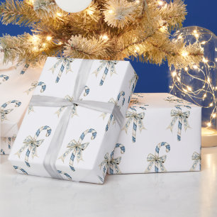 Blue Cream Candy Canes Bows Christmas Wrapping Paper